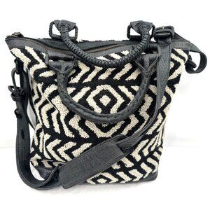 CLEOBELLA Soho Weekender Black Woven Leather Zebra Print Large Tote Bag Tassels